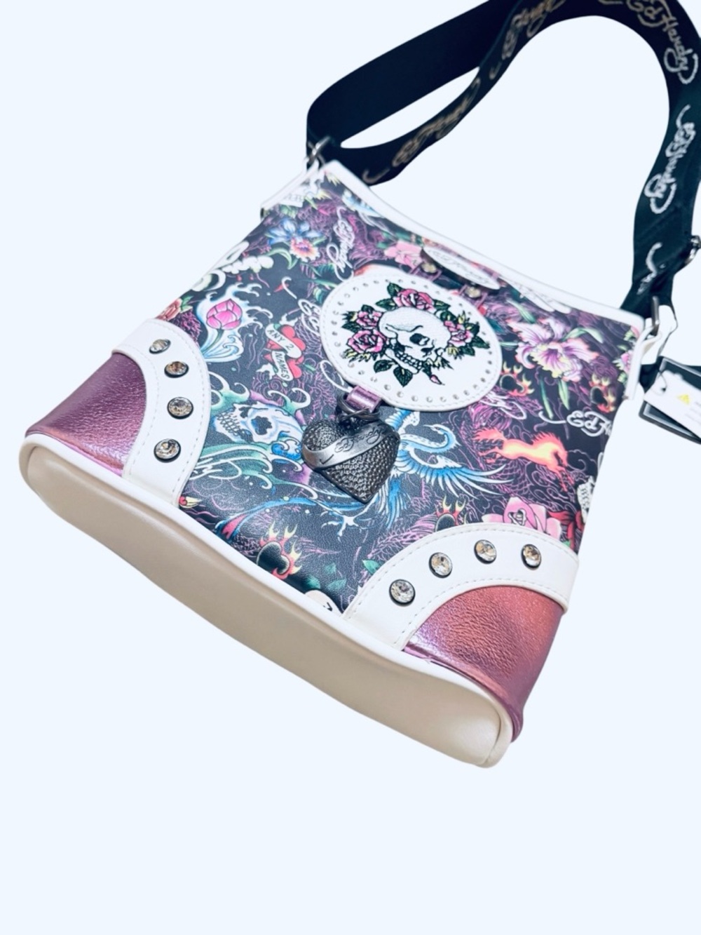🌼💚NWT Ed Hardy Women's Slim Skull & Roses Crossbody Bag - Black & Pink - Picture 2 of 10